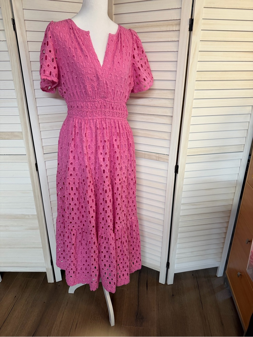 Anthropologie Somerset Pink Eyelet Maxi Dress SZ MP FEMININE LINED COMFY POCKETS - Picture 4 of 5